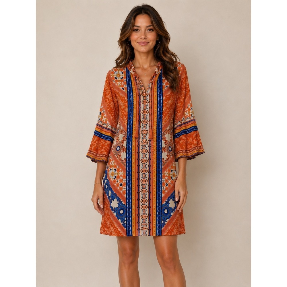 New Umgee Tunic Dress Medium Geometric Print Bell Sleeve Boho
